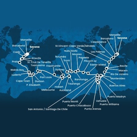 Itálie, Francie, Španělsko, Maroko, Kapverdy, Brazílie, Uruguay, Argentina, Chile, Zámořské území Velké Británie, Francouzská Polynésie, Cookovy ostrovy, Tonga, Fidži, Nová Kaledonie, Nový Zéland, Austrálie, Mauricius, Madagaskar, Jihoafrická republika, Namibie ze Savony na lodi Costa Deliziosa