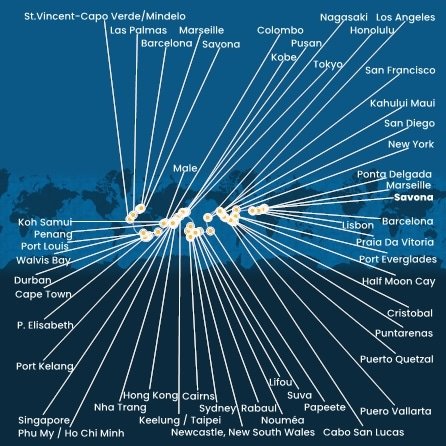 Itálie, Francie, Španělsko, Portugalsko, USA, Bahamy, Panama, Kostarika, Guatemala, Mexiko, Francouzská Polynésie, Fidži, Nová Kaledonie, Austrálie, Papua Nová Guinea, Japonsko, Jižní Korea, Tchaj-wan, Čína, Vietnam, Thajsko, Singapur, Malajsie, Srí Lanka, Maledivy, Mauricius, Jihoafrická republika, Namibie, Kapverdy ze Savony na lodi Costa Deliziosa