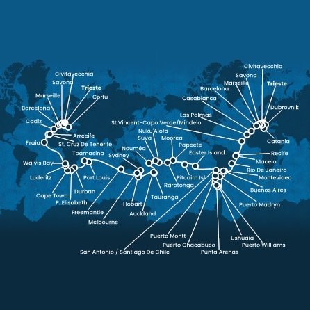 Itálie, Chorvatsko, Francie, Španělsko, Maroko, Kapverdy, Brazílie, Uruguay, Argentina, Chile, Zámořské území Velké Británie, Francouzská Polynésie, Cookovy ostrovy, Tonga, Fidži, Nová Kaledonie, Nový Zéland, Austrálie, Mauricius, Madagaskar, Jihoafrická republika, Namibie, Řecko na lodi Costa Deliziosa