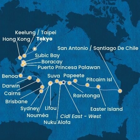 Japonsko, Tchaj-wan, Čína, Filipíny, Indonésie, Austrálie, Nová Kaledonie, Fidži, Tonga, , Cookovy ostrovy, Francouzská Polynésie, Zámořské území Velké Británie, Chile z Tokia na lodi Costa Serena