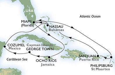 USA, Jamajka, Mexiko, Bahamy, Autonomní státy Nizozemska z Miami na lodi MSC Divina