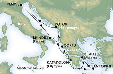 Itálie, Řecko, Černá Hora z Brindisi na lodi MSC Musica