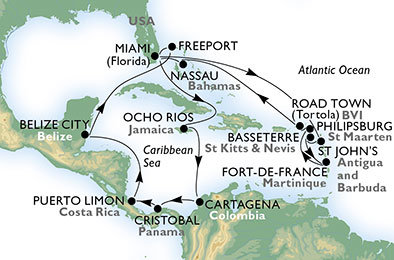 USA, Antigua a Barbuda, Svatý Kryštof a Nevis, Francie, Nizozemsko, Velká Británie, Bahamy, Jamajka, Kolumbie, Panama, Kostarika, Belize z Miami na lodi MSC Divina