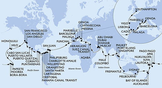 Itálie, Francie, Španělsko, Portugalsko, Svatý Martin, USA, Curacao, Aruba, Kolumbie, Panama, Nikaragua, Guatemala, Mexiko, Francouzská Polynésie, Americká Samoa, Samoa, Tonga, Fiji, Nový Zéland, Australie, Singapur, Malajsie, Thajsko, Srí Lanka, Maledivy, Spojené arabské emiráty, Omán, Jordánsko, Egypt, Řecko, Velká Británie z Janova na lodi MSC Magnifica