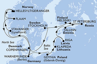 Polsko, Litva, Lotyšsko, Estonsko, Rusko, Finsko, Švédsko, Dánsko, Norsko z Gdaňska na lodi MSC Orchestra