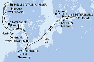 Švédsko, Norsko, Dánsko, Finsko, Rusko, Estonsko z Warnemünde na lodi MSC Orchestra