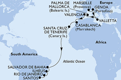 Francie, Itálie, Malta, Španělsko, Maroko, Brazílie z Marseille na lodi MSC Poesia