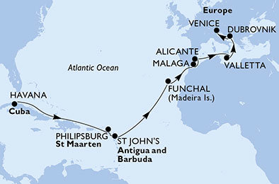 Kuba, Svatý Martin, Antigua a Barbuda, Portugalsko, Španělsko, Malta, Chorvatsko, Itálie z Havany na lodi MSC Opera