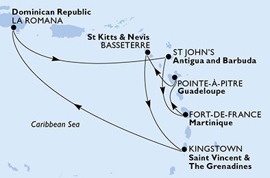 Francie, Antigua a Barbuda, Svatý Vincenc a Grenadiny, Dominikánská republika, Svatý Kryštof a Nevis z Pointe-à-Pitre, Guadeloupe na lodi MSC Fantasia