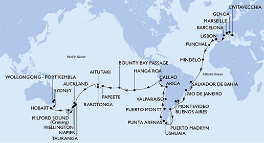 Itálie, Francie, Španělsko, Portugalsko, Kapverdy, Brazílie, Argentina, Uruguay, Chile, Peru, Francouzská Polynésie, Cookovy ostrovy, Nový Zéland, Australie z Civitavecchia na lodi MSC Magnifica