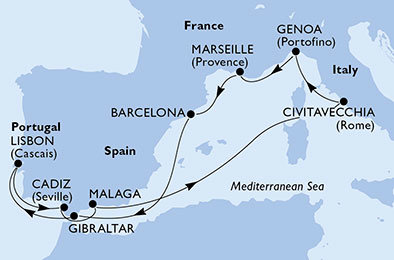 Španělsko, Velká Británie, Portugalsko, Itálie, Francie z Barcelony na lodi MSC Magnifica