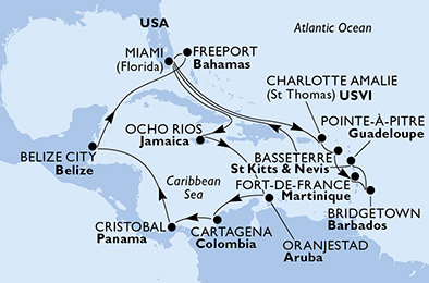 USA, Jamajka, Autonomní státy Nizozemska, Kolumbie, Panama, Belize, Bahamy, Svatý Kryštof a Nevis, Zámořský departement Francie, Barbados z Miami na lodi MSC Divina