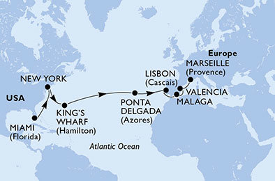 USA, Bermudy, Portugalsko, Španělsko, Francie z Miami na lodi MSC Divina