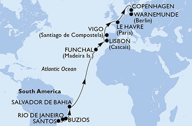 Brazílie, Portugalsko, Španělsko, Francie, Dánsko, Německo ze Santosu na lodi MSC Poesia
