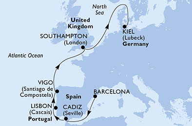 Španělsko, Portugalsko, Velká Británie, Německo z Barcelony na lodi MSC Meraviglia