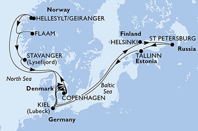 Dánsko, Finsko, Rusko, Estonsko, Německo, Norsko z Kodaně na lodi MSC Meraviglia