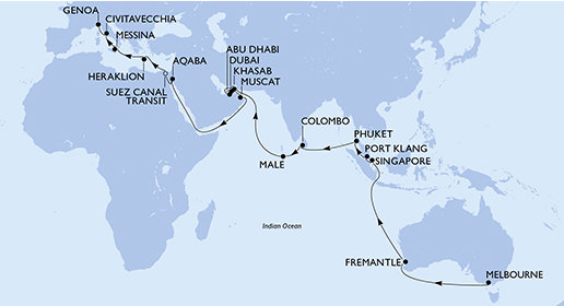 Austrálie, Singapur, Malajsie, Thajsko, Srí Lanka, Maledivy, Spojené arabské emiráty, Omán, Jordánsko, Egypt, Řecko, Itálie na lodi MSC Magnifica