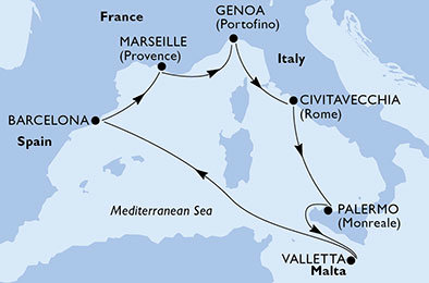 Francie, Itálie, Malta, Španělsko z Marseille na lodi MSC Grandiosa