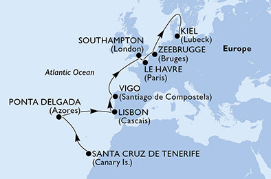 Španělsko, Portugalsko, Velká Británie, Francie, Belgie, Německo z Santa Cruz de La Palma na lodi MSC Preziosa