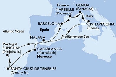 Francie, Španělsko, Maroko, Portugalsko, Itálie z Barcelony na lodi MSC Poesia