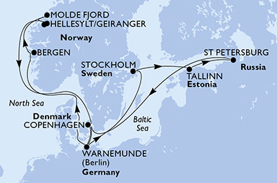 Dánsko, Německo, Norsko, Švédsko, Estonsko, Rusko z Kodaně na lodi MSC Poesia
