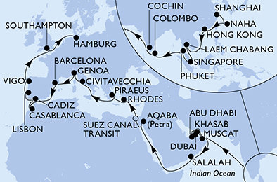 Čína, Japonsko, Thajsko, Singapur, Srí Lanka, Indie, Omán, Spojené arabské emiráty, Jordánsko, Egypt, Řecko, Itálie, Španělsko, Maroko, Portugalsko, Velká Británie, Německo ze Šanghaje na lodi MSC Splendida