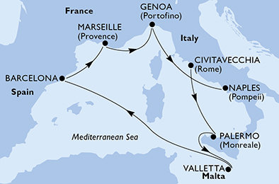 Itálie, Malta, Španělsko, Francie z Civitavecchia na lodi MSC Grandiosa