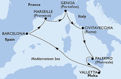 Itálie, Malta, Španělsko, Francie z Janova na lodi MSC Virtuosa