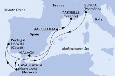 Itálie, Španělsko, Maroko, Portugalsko, Francie z Janova na lodi MSC Splendida
