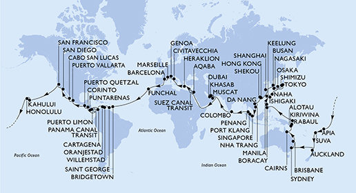 Itálie, Francie, Španělsko, Portugalsko, Barbados, Grenada, Curacao, Aruba, Kolumbie, Kostarika, Panama, Nikaragua, Guatemala, Mexiko, USA, Samoa, Fidži, Nový Zéland, Austrálie, Papua Nová Guinea, Ekvádor, Filipíny, Tchaj-wan, Japonsko, Jižní Korea, Čína, Vietnam, Singapur, Malajsie, Srí Lanka, Spojené arabské emiráty, Omán, Jordánsko, Egypt, Řecko z Marseille na lodi MSC Poesia