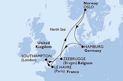 Velká Británie, Belgie, Norsko, Německo, Francie ze Southamptonu na lodi MSC Preziosa