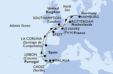Francie, Velká Británie, Portugalsko, Španělsko, Nizozemsko, Německo z Le Havre na lodi MSC Preziosa
