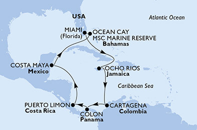 USA, Jamajka, Kolumbie, Panama, Kostarika, Mexiko, Bahamy z Miami na lodi MSC Divina