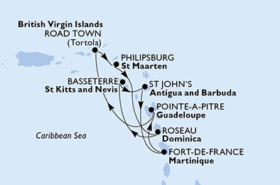 Guadeloupe, Britské Panenské ostrovy, Svatý Martin, Dominika, Svatý Kryštof a Nevis, Antigua a Barbuda, Martinik z Pointe-à-Pitre, Guadeloupe na lodi MSC Splendida