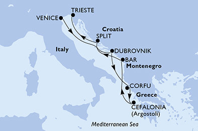 Itálie, Chorvatsko, Řecko, Černá Hora z Benátek na lodi MSC Lirica