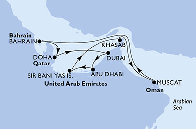 Spojené arabské emiráty, Omán, Bahrajn, Katar z Dubaje na lodi MSC Lirica