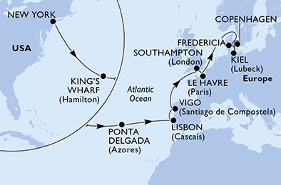 USA - Východní pobřeží, Bermudy, Portugalsko, Španělsko, Velká Británie, Francie, Dánsko, Německo z New Yorku na lodi MSC Meraviglia