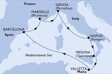Itálie, Malta, Španělsko, Francie z Janova na lodi MSC Seashore