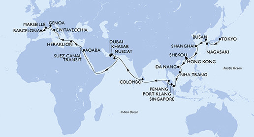 Japonsko, Jižní Korea, Čína, Vietnam, Singapur, Malajsie, Srí Lanka, Spojené arabské emiráty, Omán, Jordánsko, Egypt, Řecko, Itálie, Francie, Španělsko z Tokia na lodi MSC Poesia