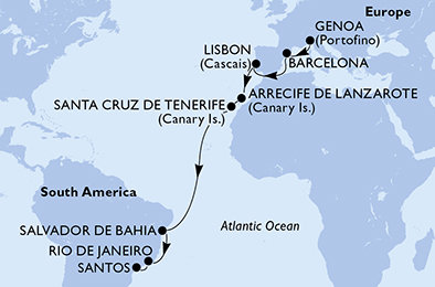 Itálie, Španělsko, Portugalsko, Brazílie z Janova na lodi MSC Grandiosa