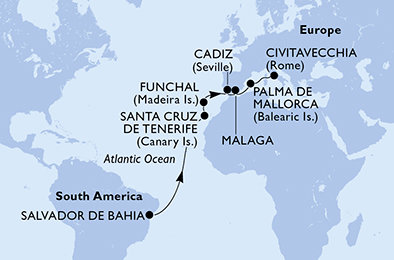 Brazílie, Španělsko, Portugalsko, Itálie ze Salvadoru na lodi MSC Fantasia