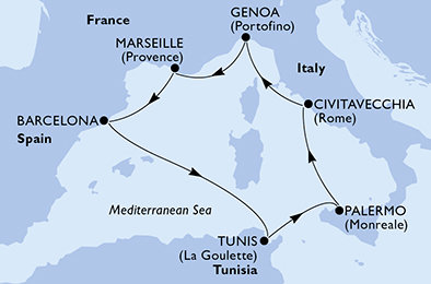 Itálie, Francie, Španělsko, Tunisko z Civitavecchia na lodi MSC Poesia