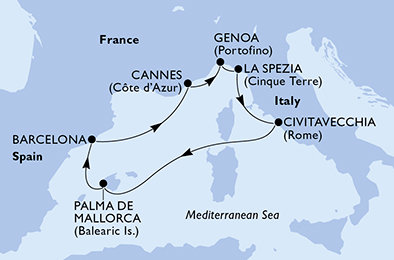 Itálie, Španělsko, Francie z Civitavecchia na lodi MSC Grandiosa