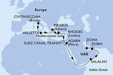 Itálie, Malta, Řecko, Egypt, Jordánsko, Omán, Katar, Spojené arabské emiráty z Civitavecchia na lodi MSC Fantasia