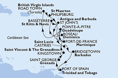 Guadeloupe, Svatá Lucie, Barbados, Trinidad a Tobago, Grenada, Svatý Vincenc a Grenadiny, Martinik, Britské Panenské ostrovy, Svatý Martin, Dominika, Svatý Kryštof a Nevis, Antigua a Barbuda z Pointe-à-Pitre, Guadeloupe na lodi MSC Poesia