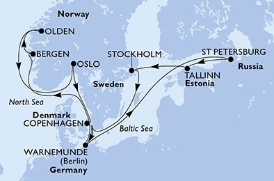Německo, Rusko, Estonsko, Švédsko, Dánsko, Norsko z Warnemünde na lodi MSC Musica