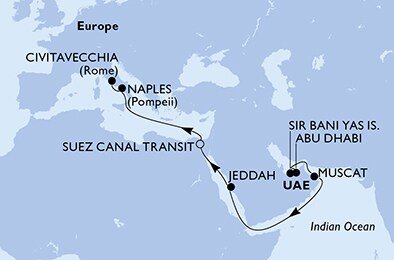 Spojené arabské emiráty, Omán, Saúdská Arábie, Egypt, Itálie z Abu Dhabi na lodi MSC World Europa