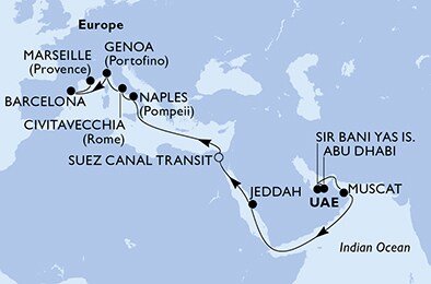 Spojené arabské emiráty, Omán, Saúdská Arábie, Egypt, Itálie, Španělsko, Francie z Abu Dhabi na lodi MSC World Europa