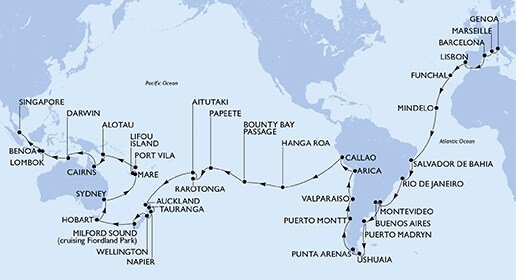 Itálie, Francie, Španělsko, Portugalsko, Kapverdy, Brazílie, Argentina, Uruguay, Chile, Peru, Zámořské území Velké Británie, Francouzská Polynésie, Cookovy ostrovy, Nový Zéland, Austrálie, Společenství sui-generis Francie, Nová Kaledonie, Vanuatská republika, Papua Nová Guinea, Indonésie, Singapur z Janova na lodi MSC Magnifica