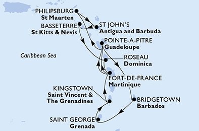 Barbados, Grenada, Svatý Vincenc a Grenadiny, Martinik, Guadeloupe, Svatý Martin, Antigua a Barbuda, Svatý Kryštof a Nevis, Dominika z Bridgetownu na lodi MSC Seaside
